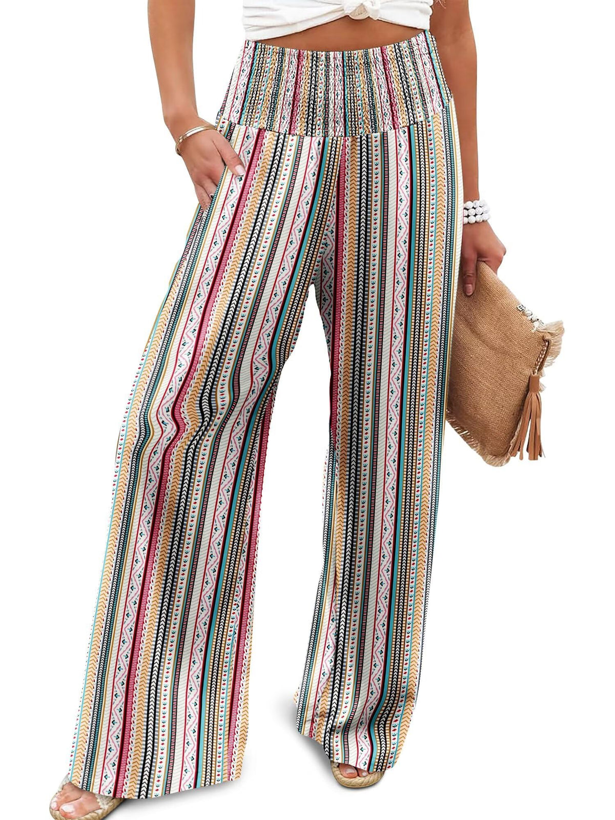 JZC Womens Wide Leg Pants Elastic High Waisted Palazzo Pants Summer Flowy Casual Trousers Beach Travel Vacation Outfits