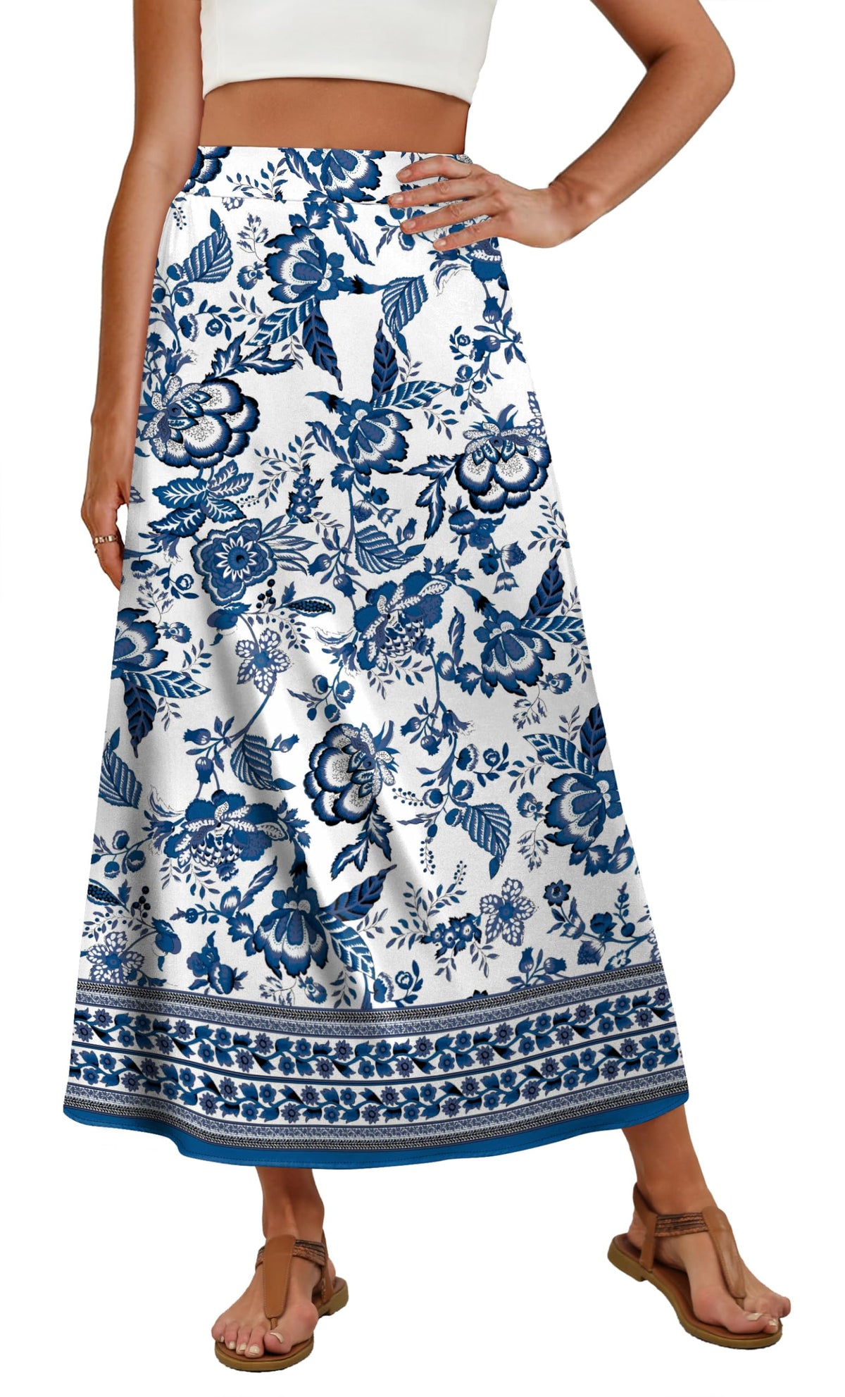 OFEEFAN Womens Maxi Long Skirts with Pockets Stretchy Spring Summer Boho Casual Flowy Trendy