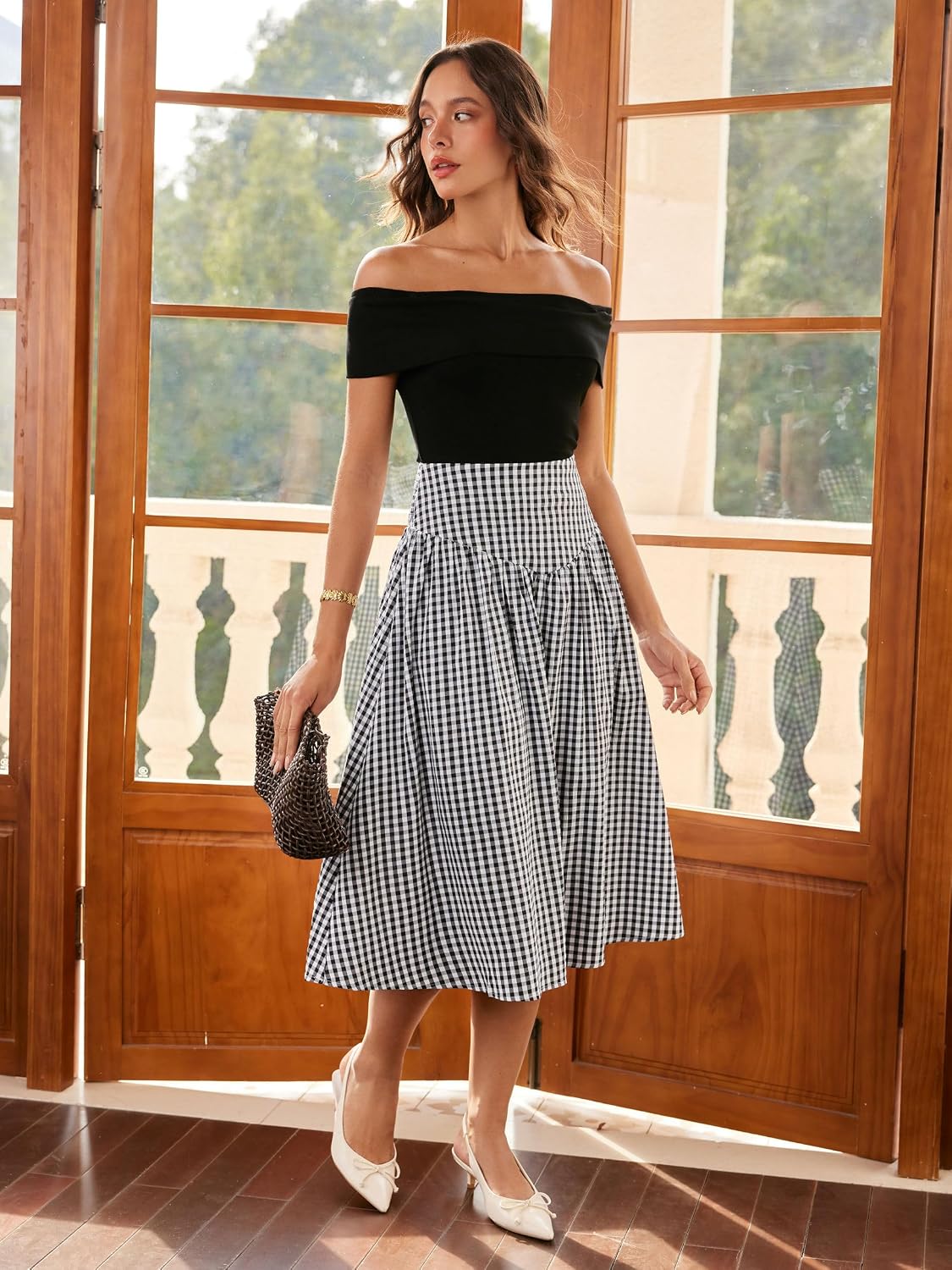 CIDER Gingham Midi Skirts for Women A Line High Waist Long Plaid Maxi Skirt