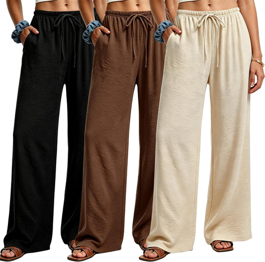 3 Pack Women's Wide Leg Palazzo Pants, Flowy Pants with Pockets