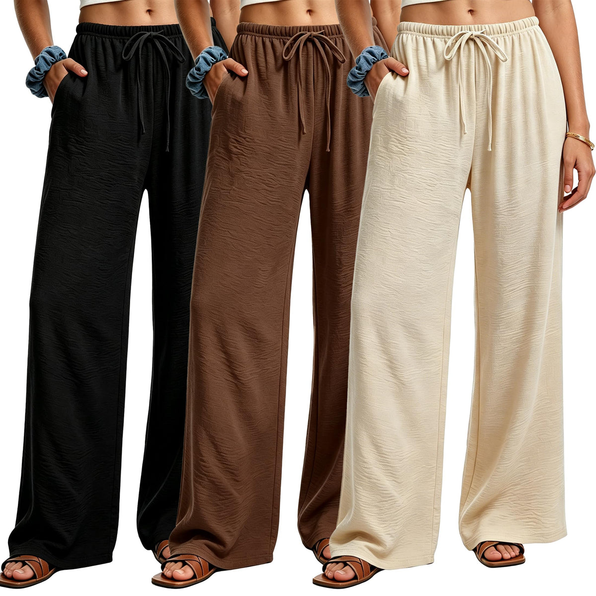 3 Pack Women's Wide Leg Palazzo Pants, Flowy Pants with Pockets
