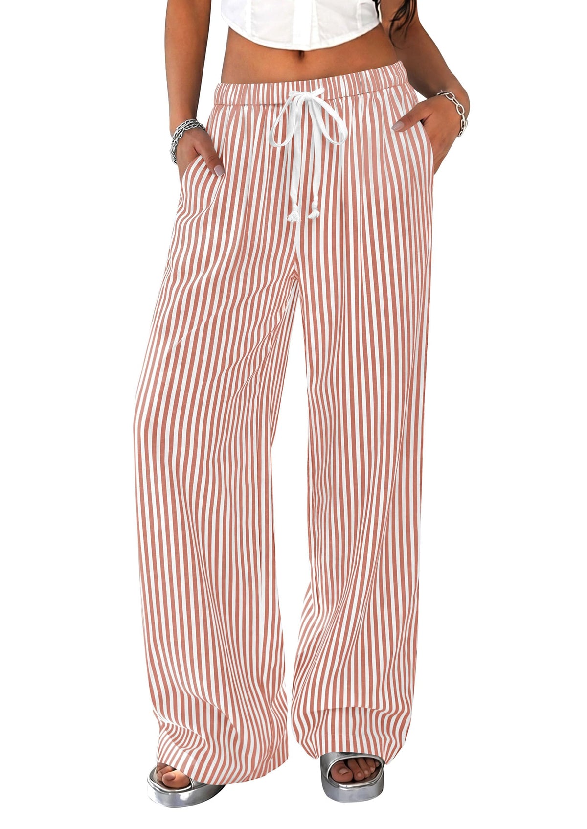 PRETTYGARDEN Striped Wide Leg Pants Women Loungewear with Pocket