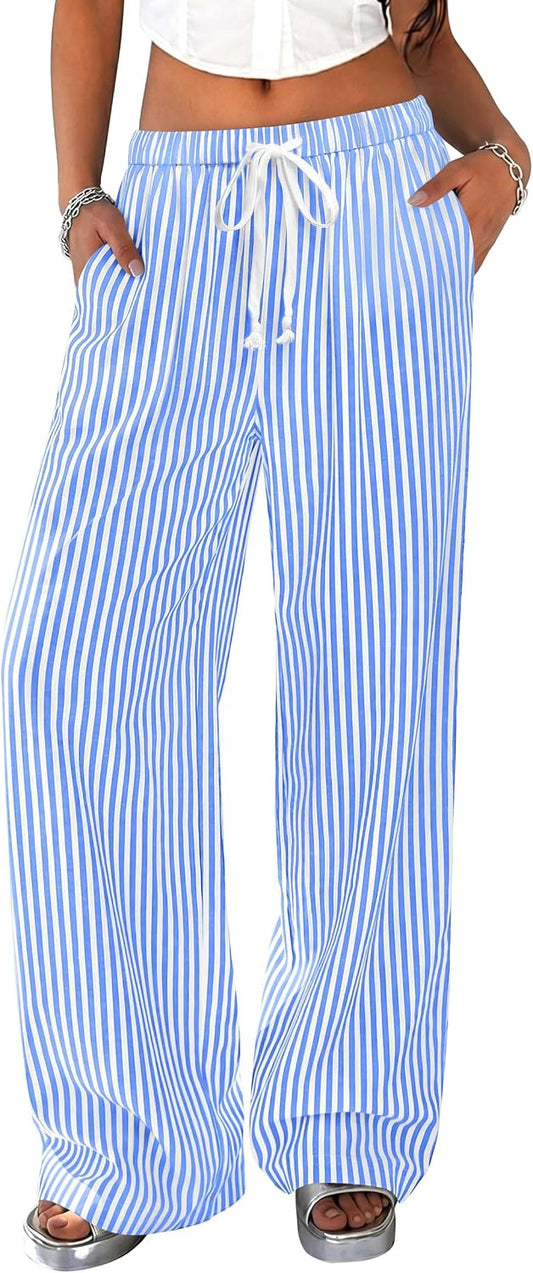PRETTYGARDEN Striped Wide Leg Pants Women Loungewear with Pocket
