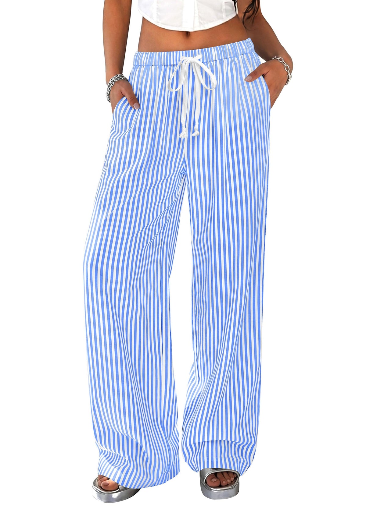 PRETTYGARDEN Striped Wide Leg Pants Women Loungewear with Pocket