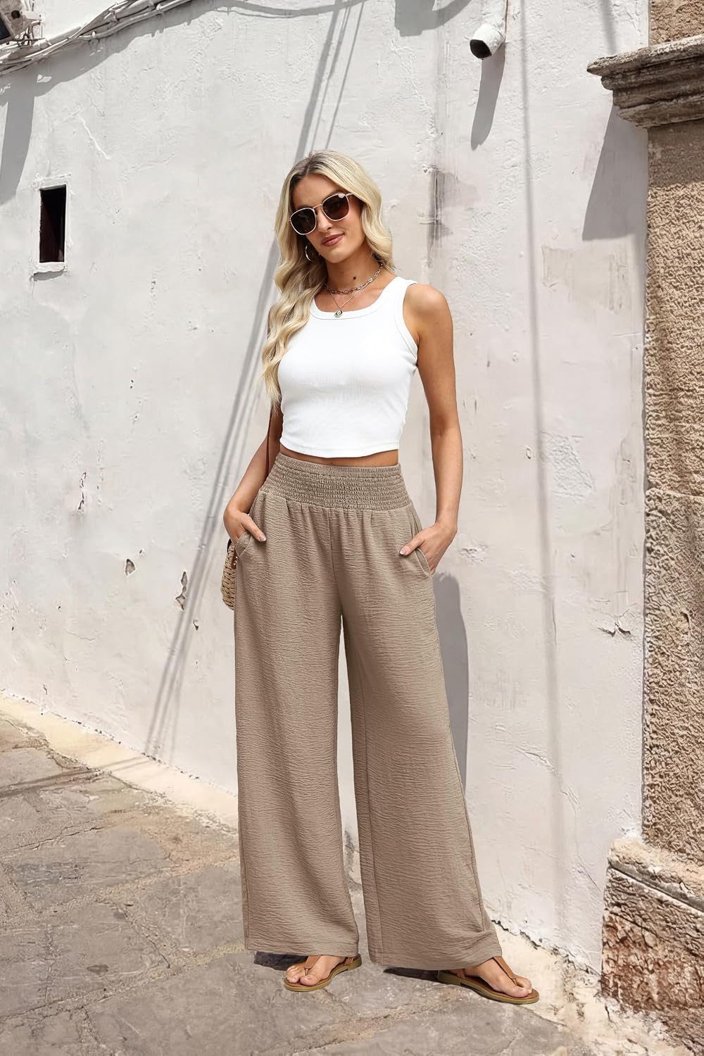 Sampeel Wide Leg Pants Woman High Waist Trousers with Pockets Casual Lounge