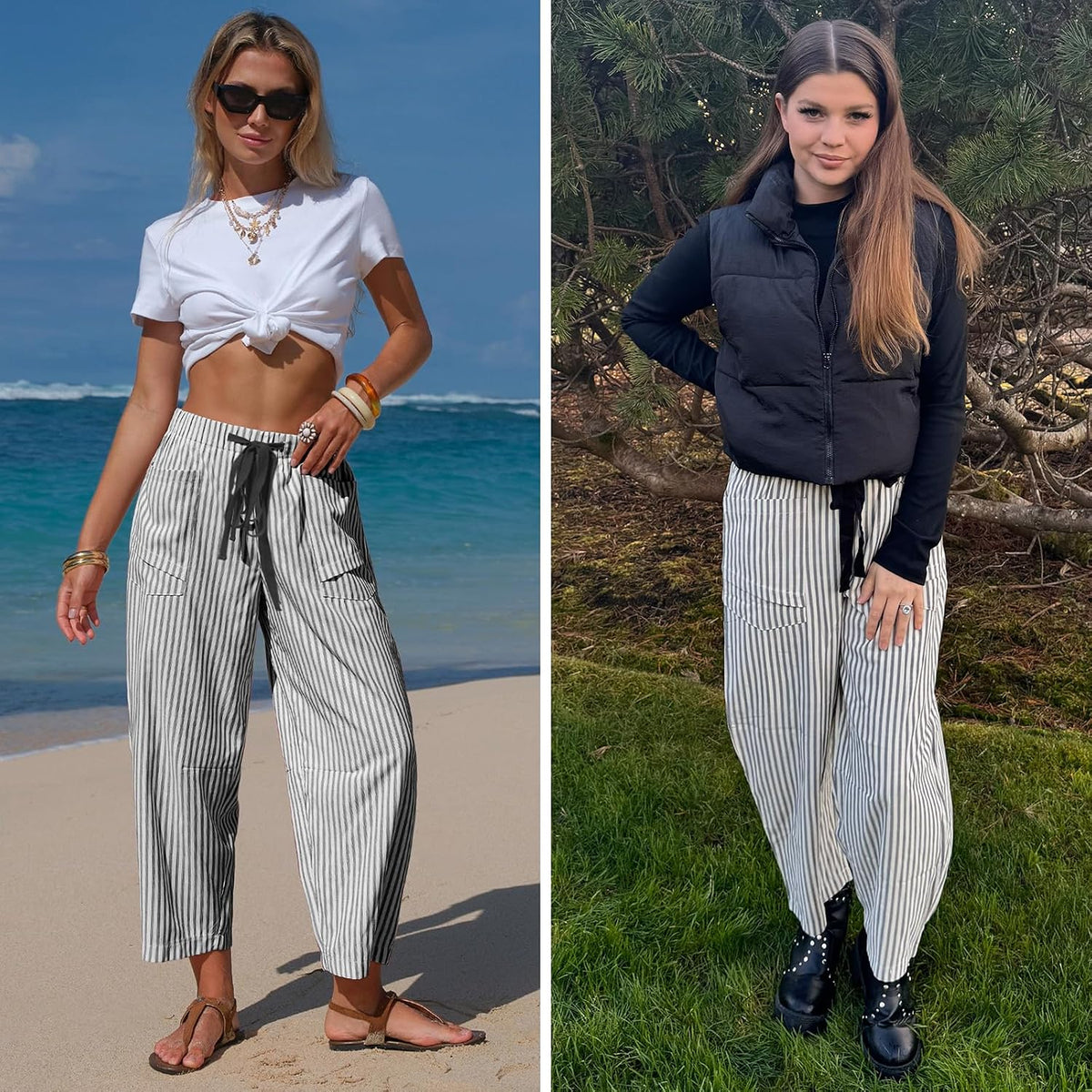 EXLURA Womens Faux Linen Striped Barrel Capri Pants Drawstring Trousers