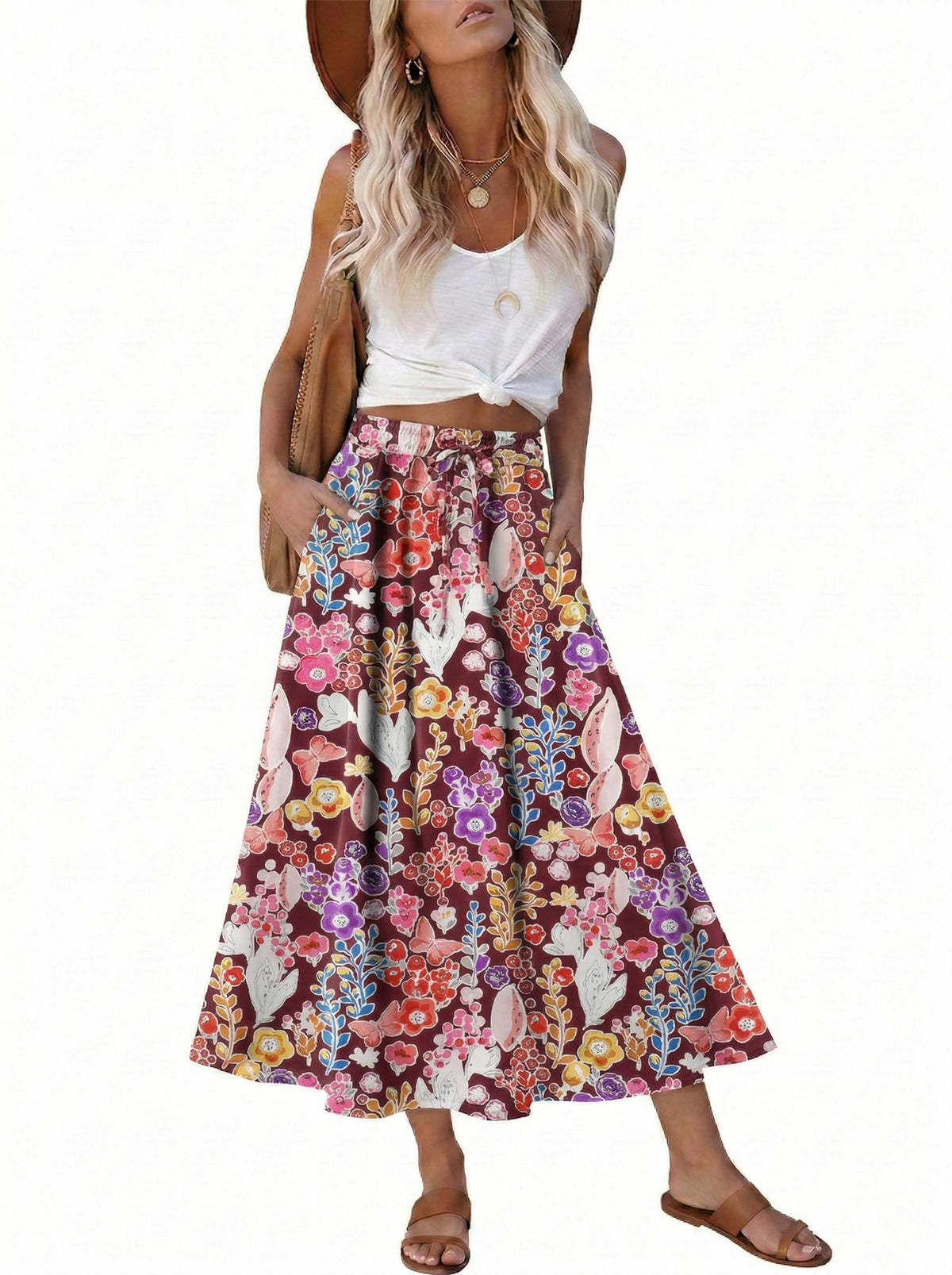 Magritta Women's Print Midi Skirt with Pocket Elastic High Waist 2026 Trendy A-Line Bohe Leopardr Swing Skirts for Women