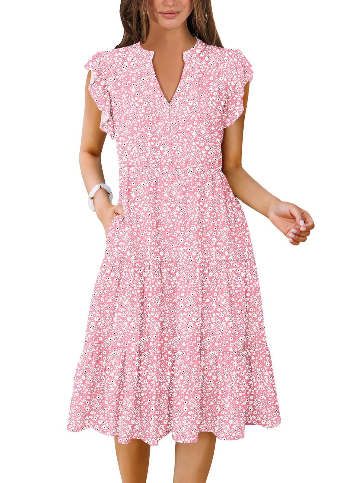 ANRABESS Womens Summer Dress Ruffle Sleeve V Neck Midi Dresses