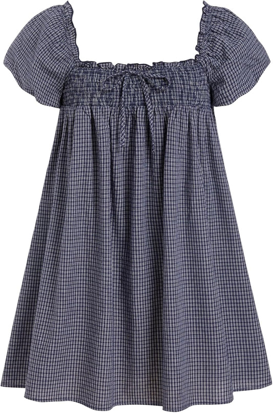 CIDER Womens Cotton Blend Gingham Shirred High Rise Mini Dress