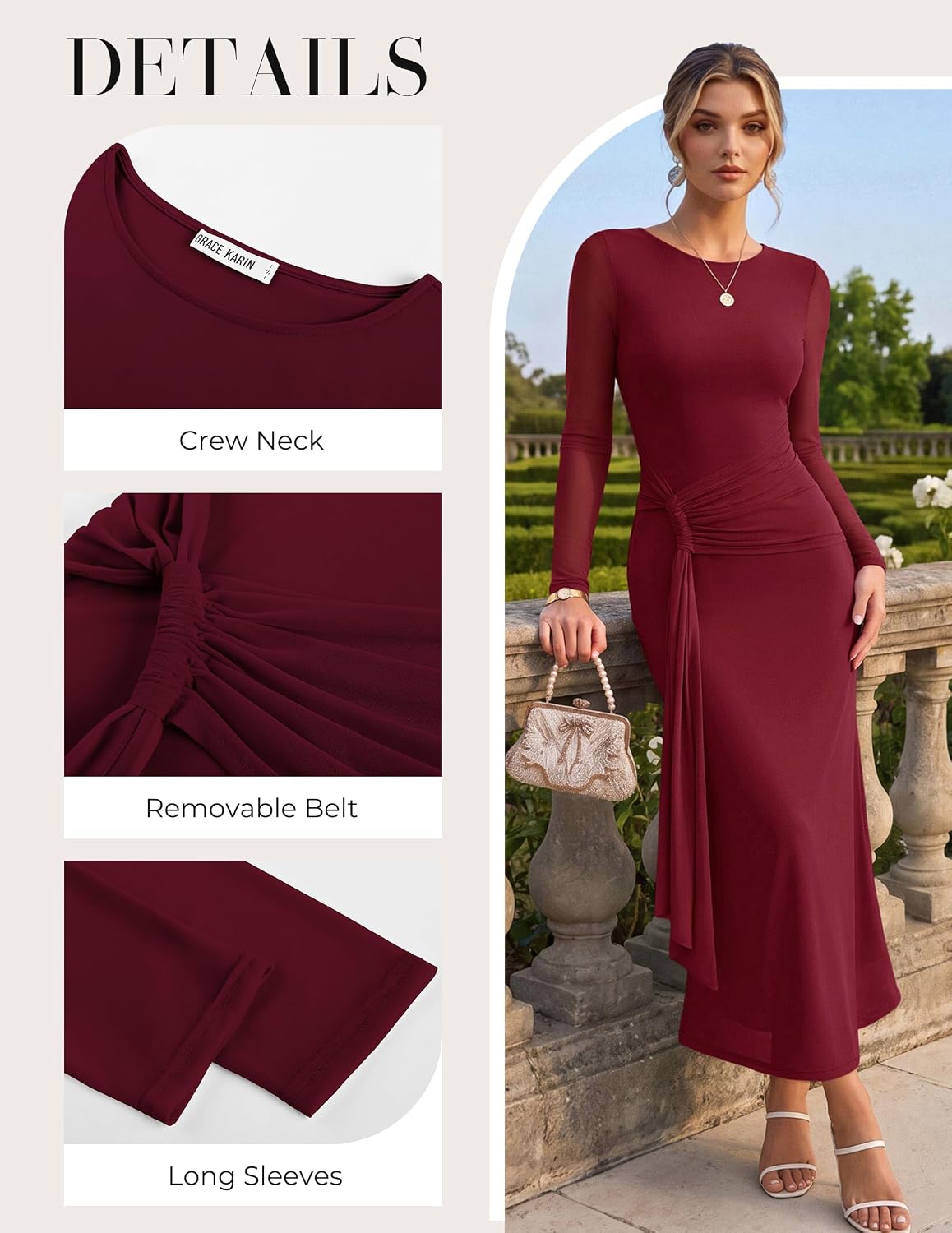 GRACE KARIN Women's Long Sleeve Bodycon Wedding Guest Dress