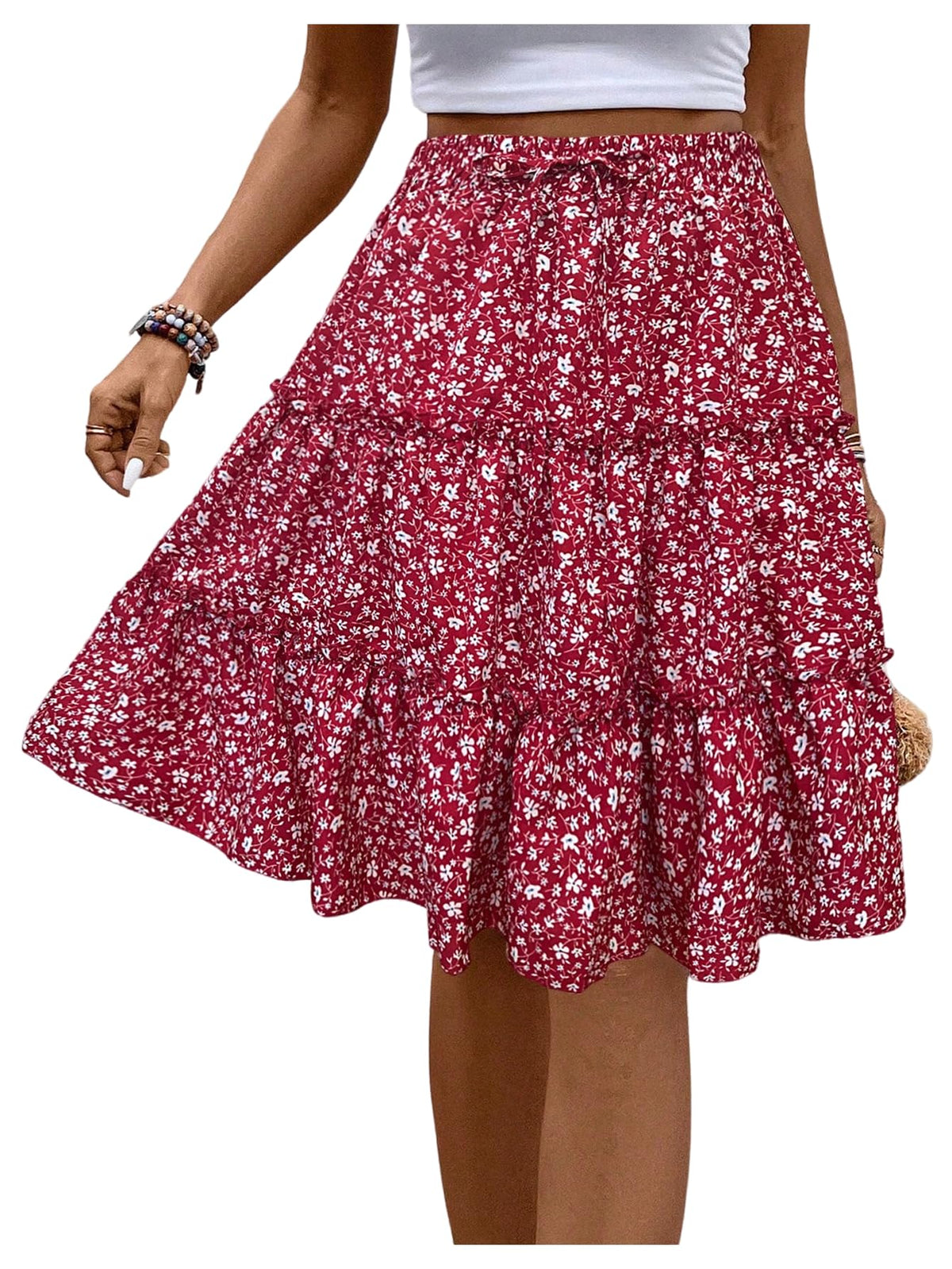 WDIRARA Women's Floral Boho Ruffle Knee Length Summer Skirt