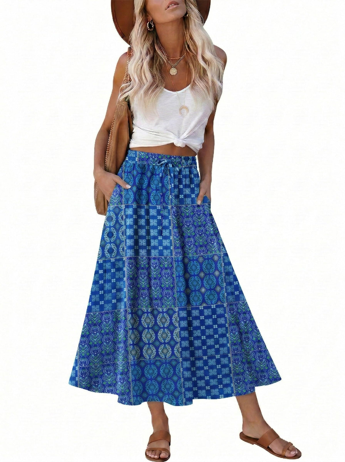 Magritta Women's Print Midi Skirt with Pocket Elastic High Waist 2026 Trendy A-Line Bohe Leopardr Swing Skirts for Women