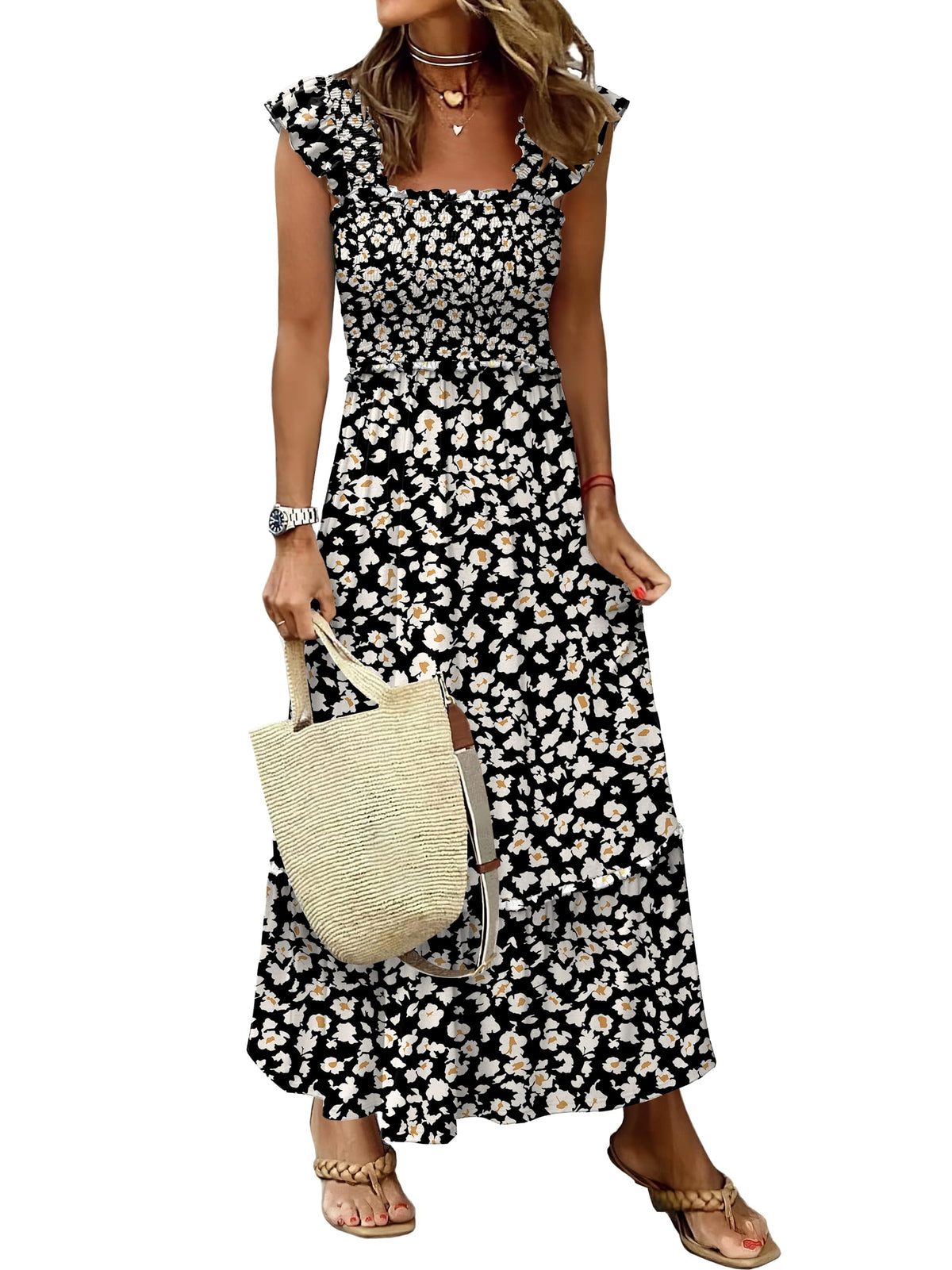 ANRABESS Womens Summer Sleeveless Maxi Dress Square Neck Smocked Boho Casual Ruffle Strap Flowy A-Line Long Beach Sundress