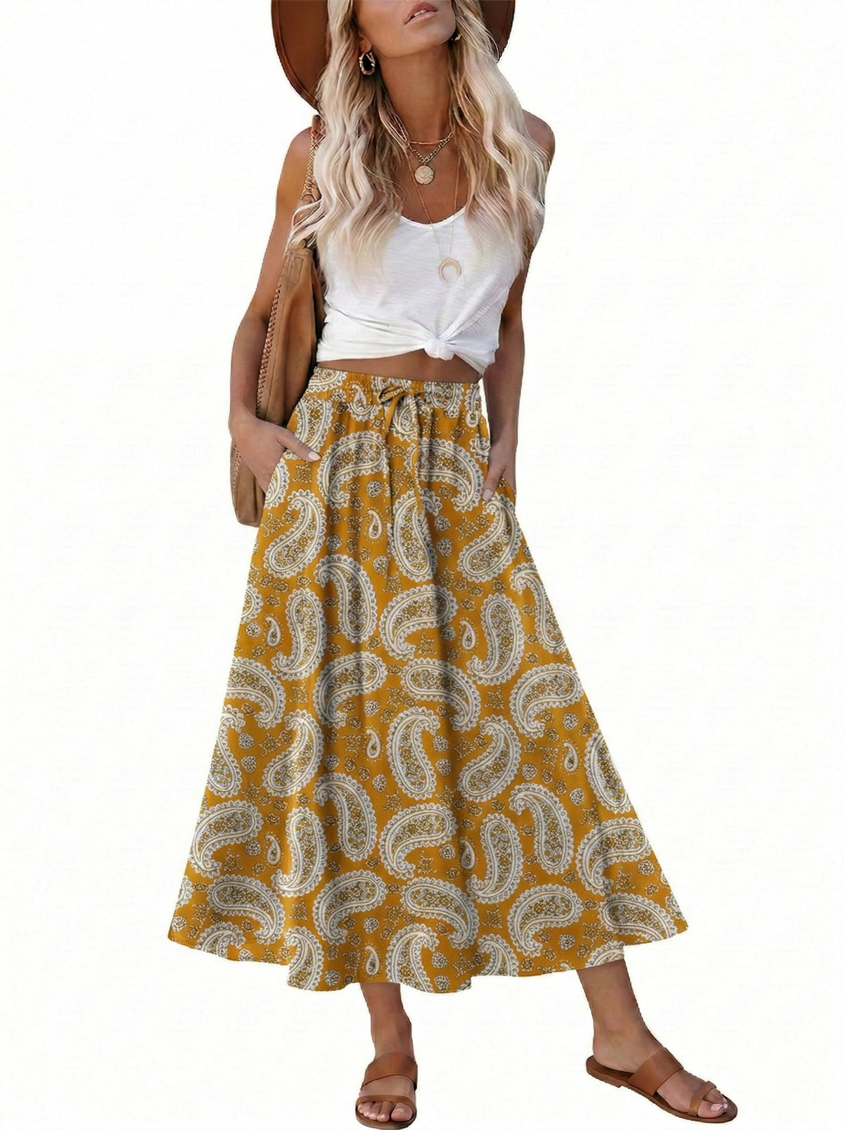 Magritta Women's Print Midi Skirt with Pocket Elastic High Waist 2026 Trendy A-Line Bohe Leopardr Swing Skirts for Women