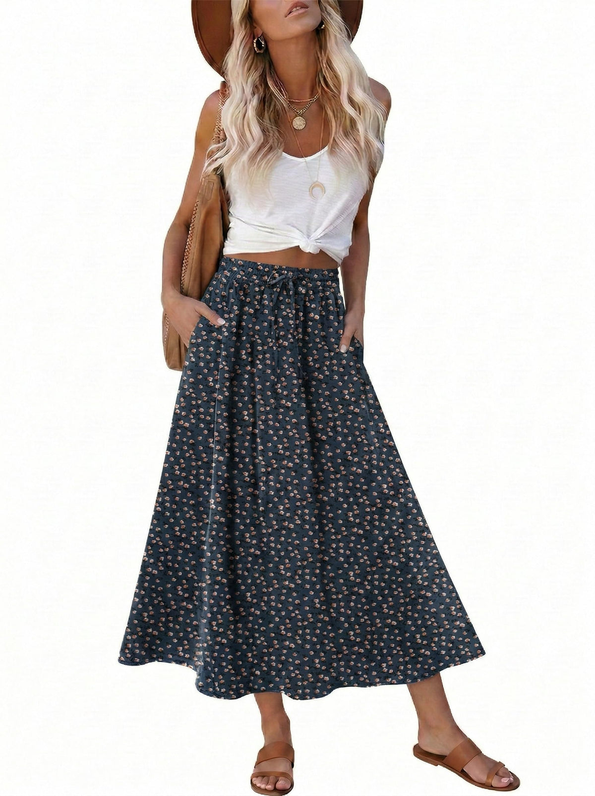 Magritta Women's Print Midi Skirt with Pocket Elastic High Waist 2026 Trendy A-Line Bohe Leopardr Swing Skirts for Women