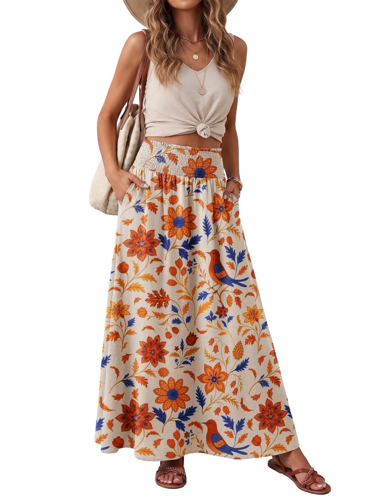 Lepunuo Maxi Skirts for Women Smocked Elastic High Waisted Casual Boho Swing Pleated Beach Long Skirts with Pockets