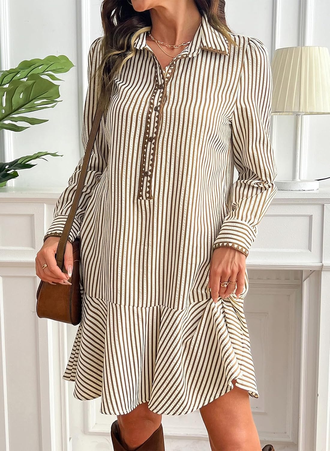 Dokotoo Womens Dresses Striped Button Embroidered Ruffle Hem Mini Dress