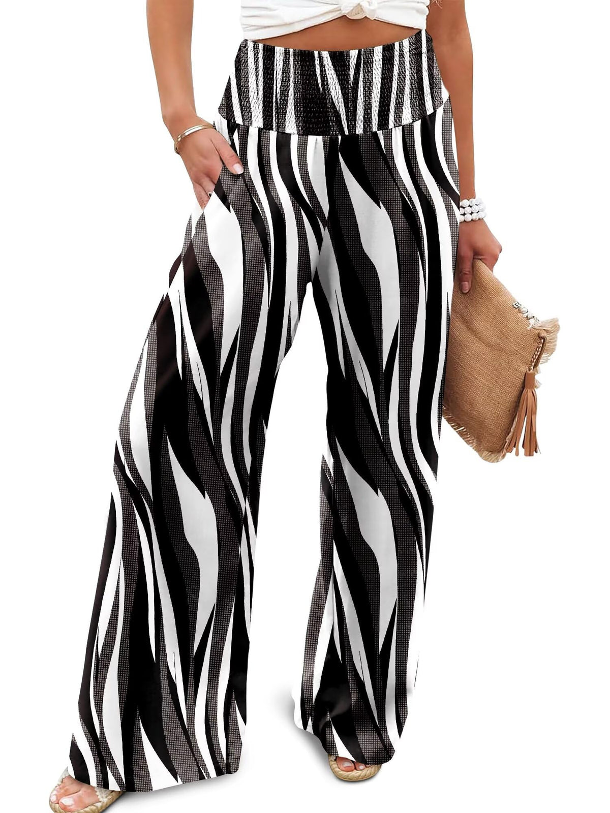 JZC Womens Wide Leg Pants Elastic High Waisted Palazzo Pants Summer Flowy Casual Trousers Beach Travel Vacation Outfits