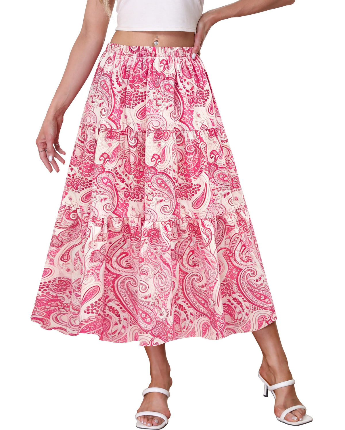 Kingfancy Women's Boho Midi Skirt A-Line Flowy Skirts