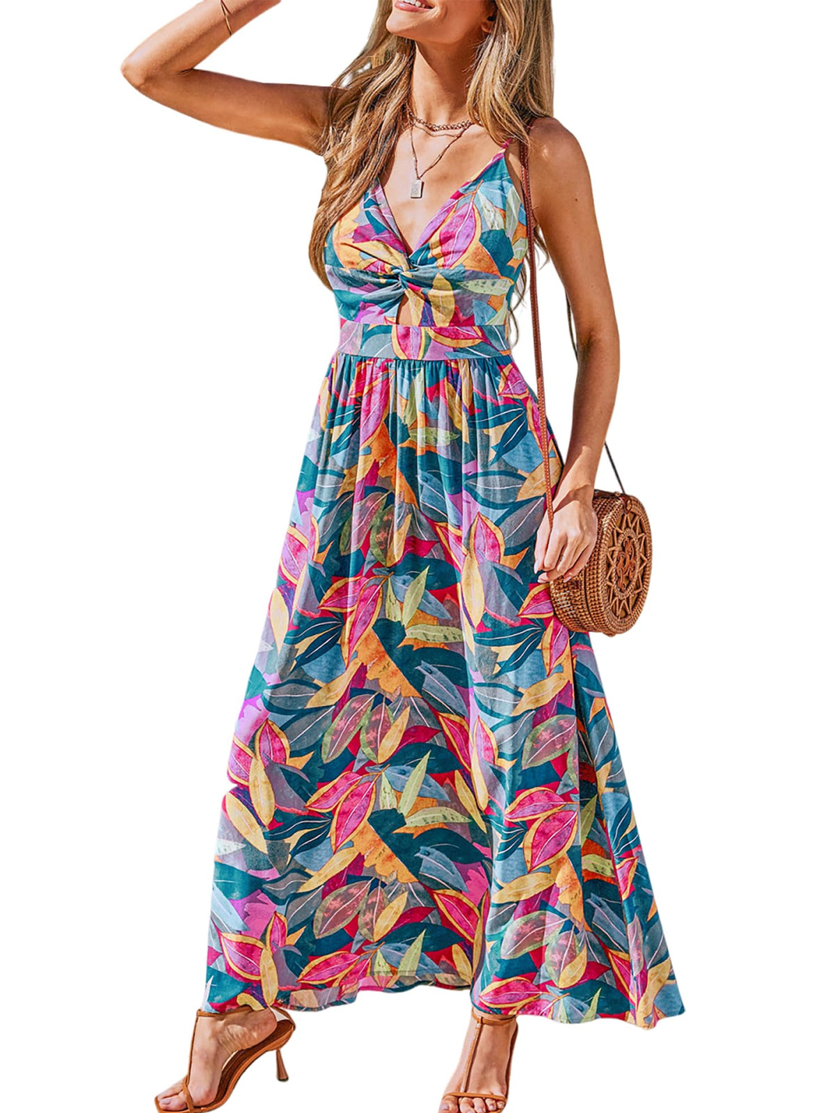CUPSHE Women's Maxi Dress Floral Print Twisted V Neck Sleeveless Long Dress Summer Casual Dress