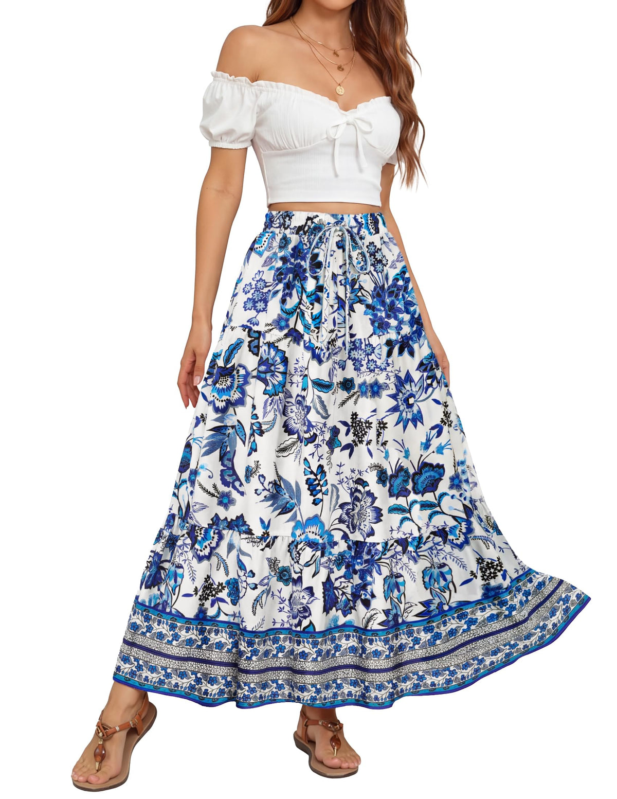ZESICA Women's Bohemian Floral Printed Elastic Waist A Line Maxi Skirt