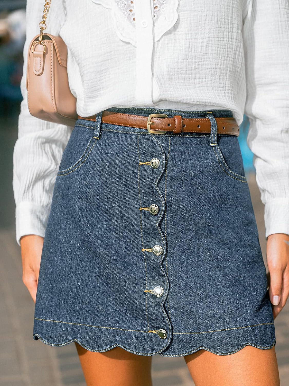CUPSHE Women’s Denim Mini Skirt Button Front A-Line Scalloped Jeans