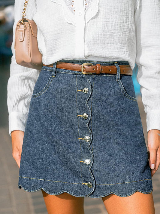 CUPSHE Women’s Denim Mini Skirt Button Front A-Line Scalloped Jeans