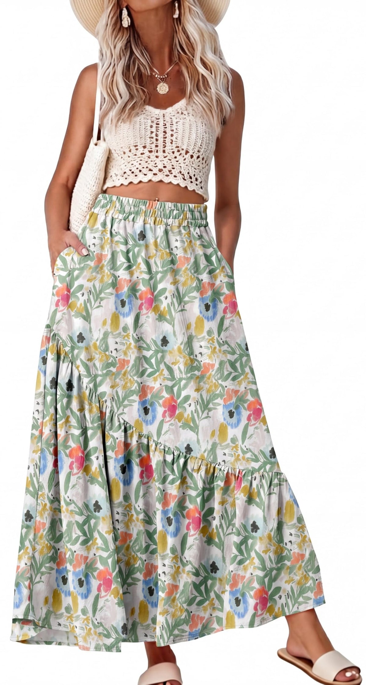 GRECERELLE Women's Maxi Skirt High Waist Tiered A-Line with Pockets