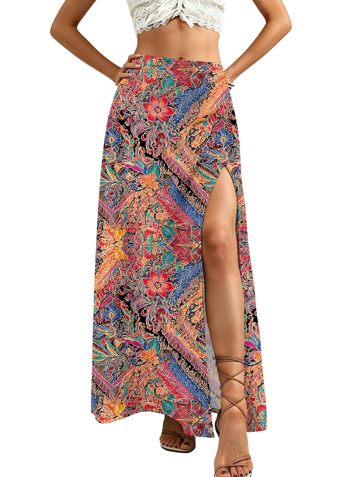 Women Summer Boho Floral Slit Maxi Skirt Split Thigh High Waisted Long Skirts