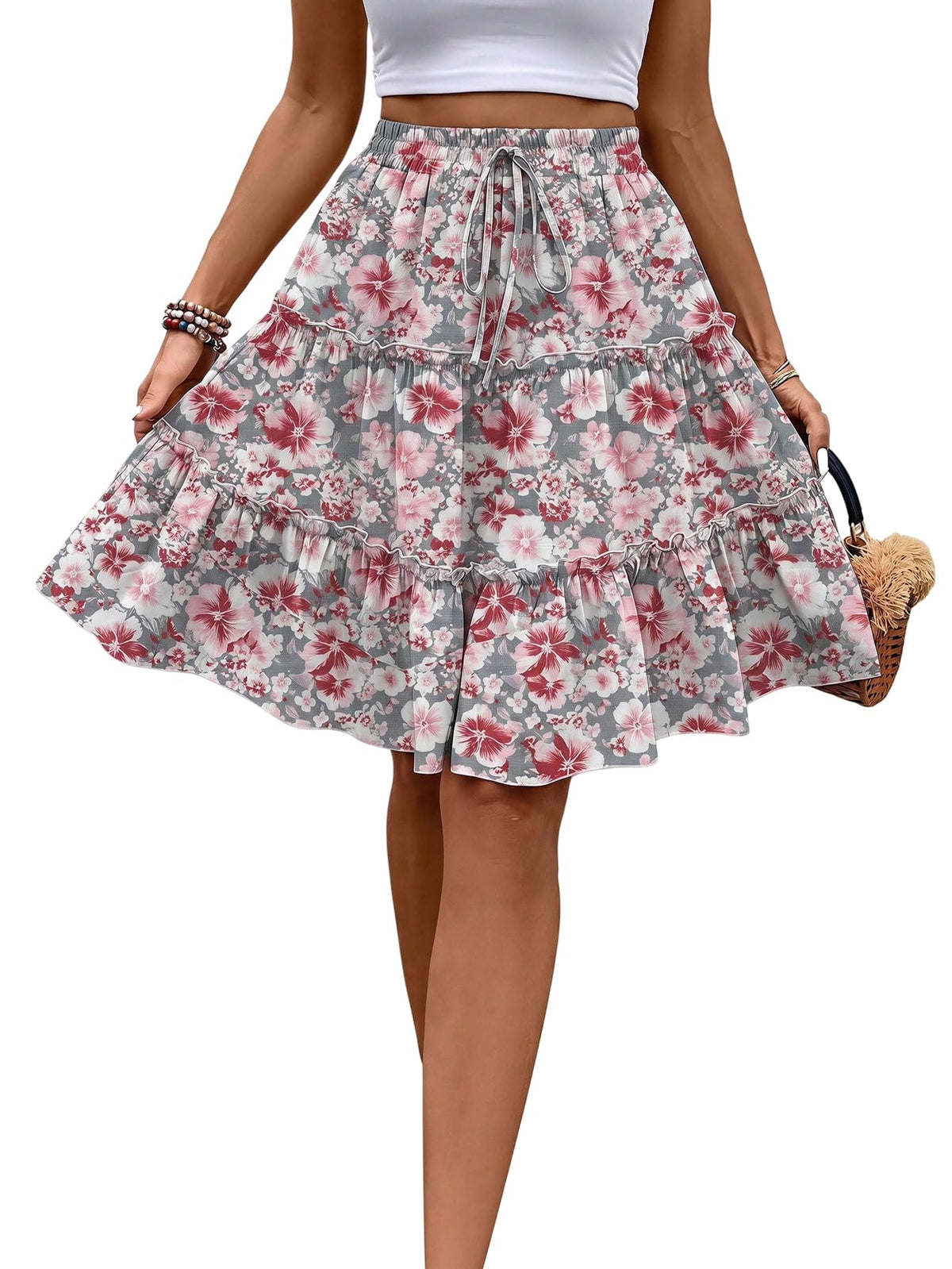 WDIRARA Women's Floral Boho Ruffle Knee Length Summer Skirt
