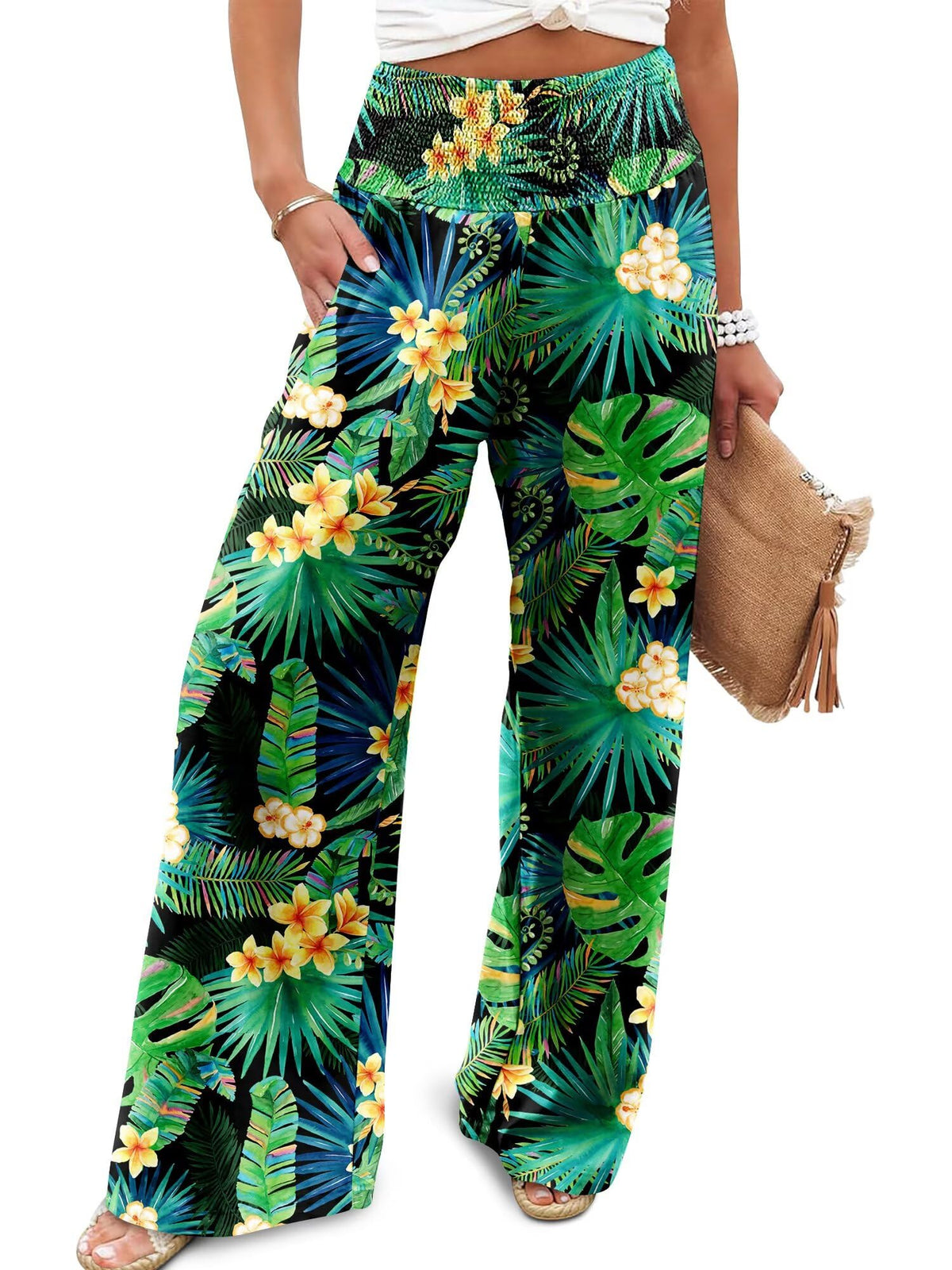 JZC Womens Wide Leg Pants Elastic High Waisted Palazzo Pants Summer Flowy Casual Trousers Beach Travel Vacation Outfits