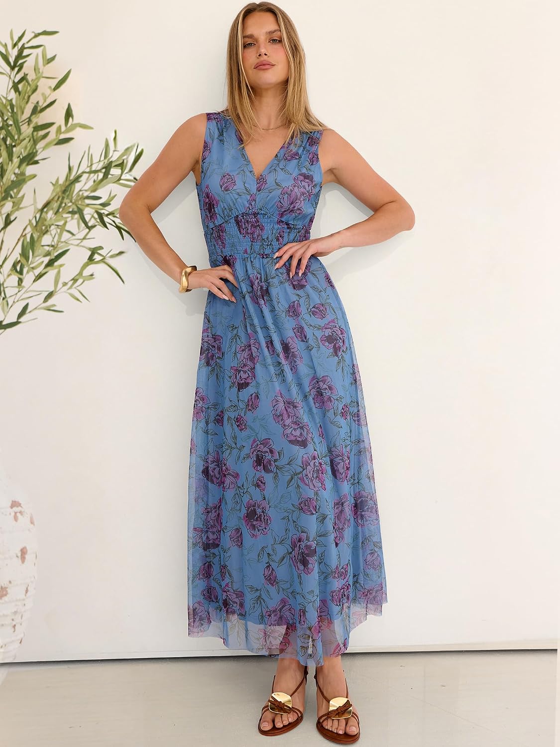ANRABESS Women's Floral Tulle Wedding Guest Maxi Dress