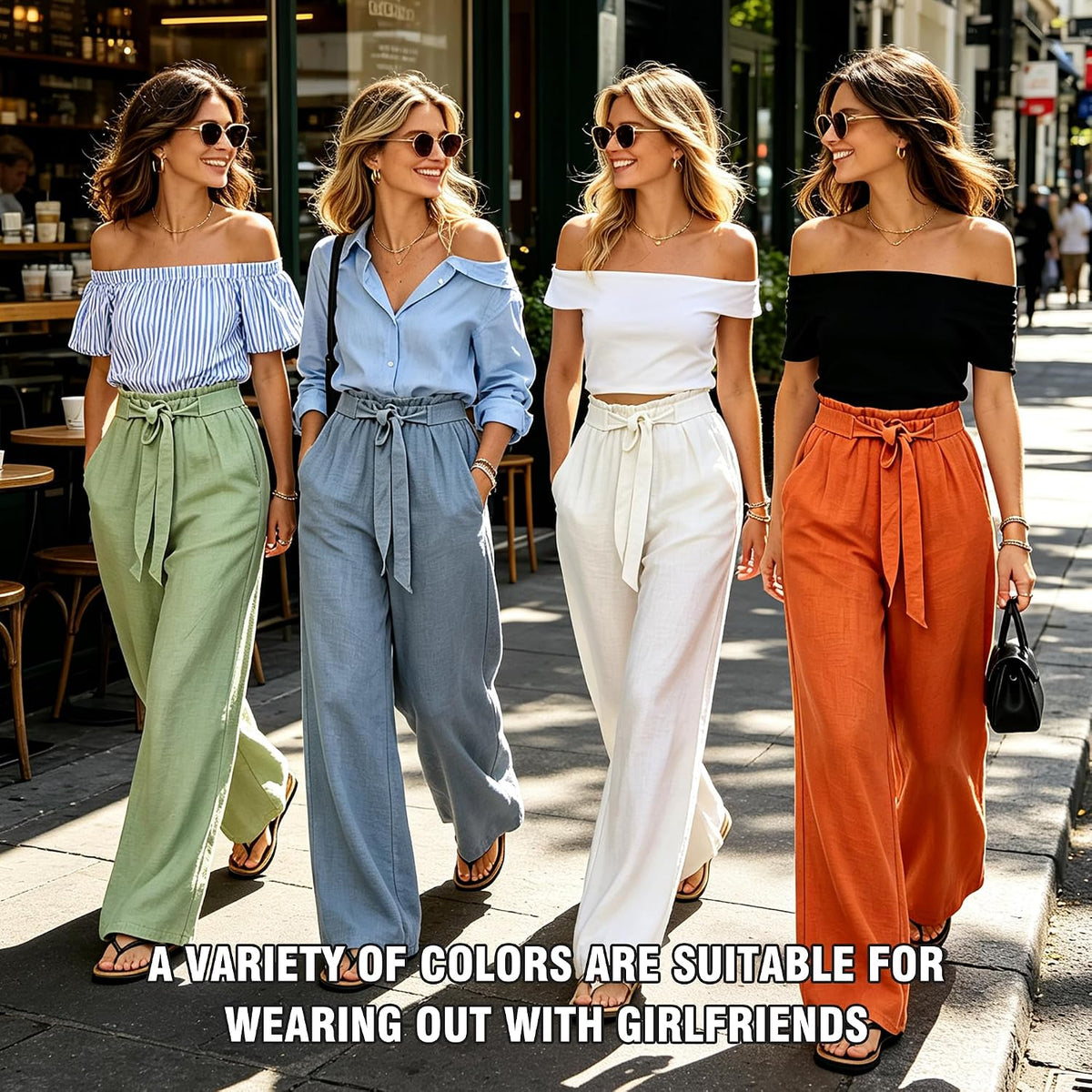 Women Wide Leg Casual Pants High Waist Flowy Palazzo Trousers Adjustable Knot Stylish Lounge Business Pants with Pockets
