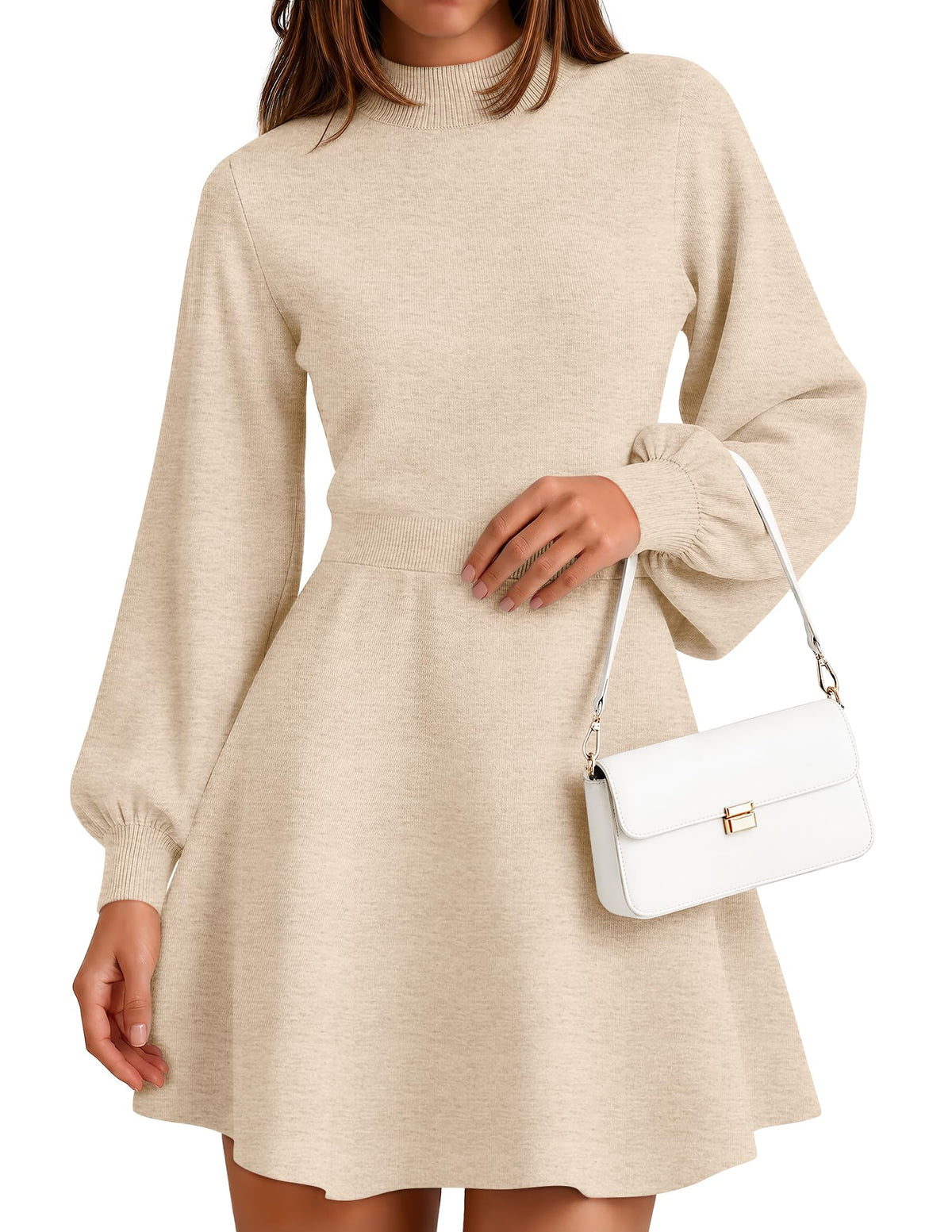 ZESICA Womens Fall Mock Neck Long Lantern Sleeve Sweater Mini Dress