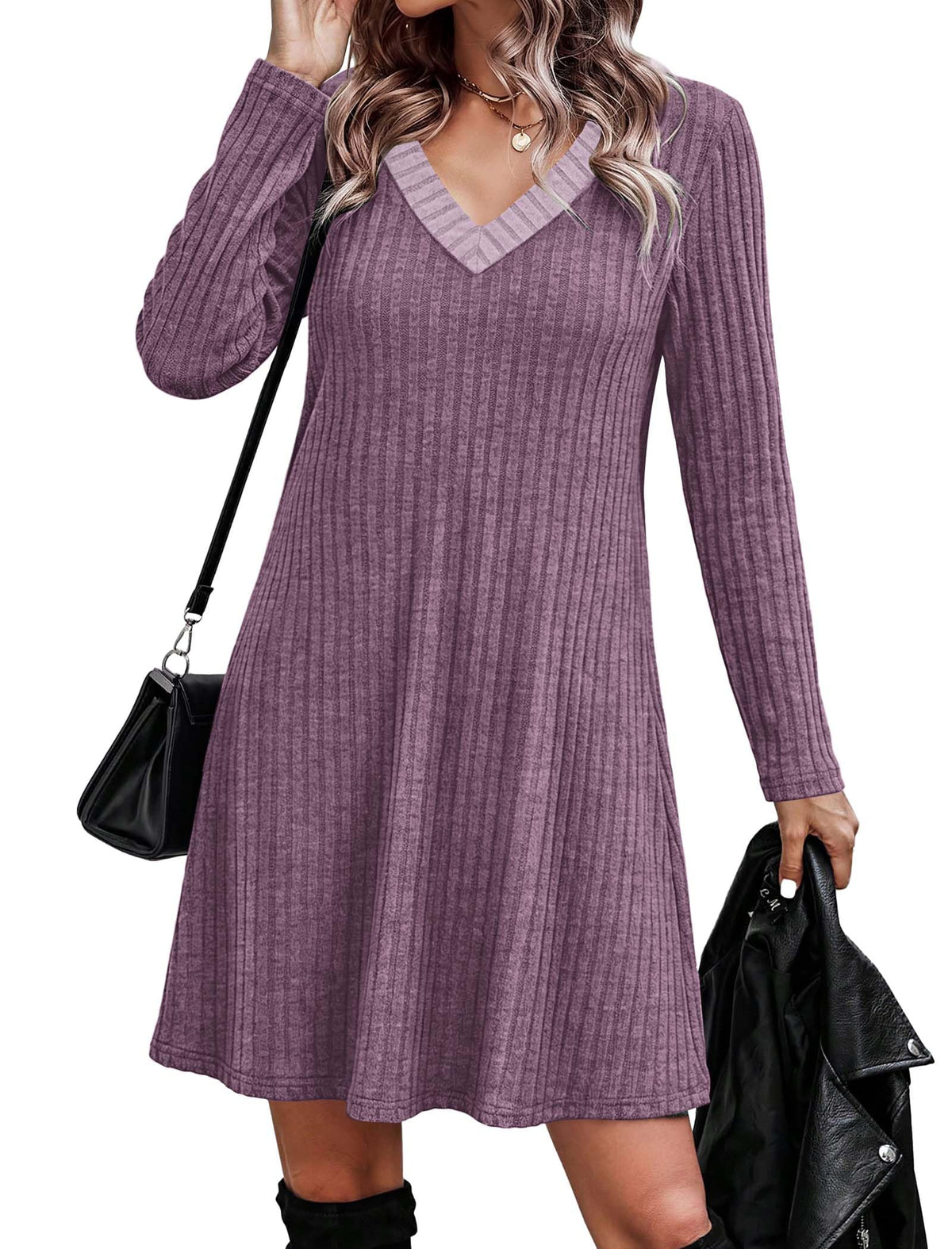 OFEEFAN Fall Dresses for Women Color Block V Neck Long Sleeve Sweater Dress