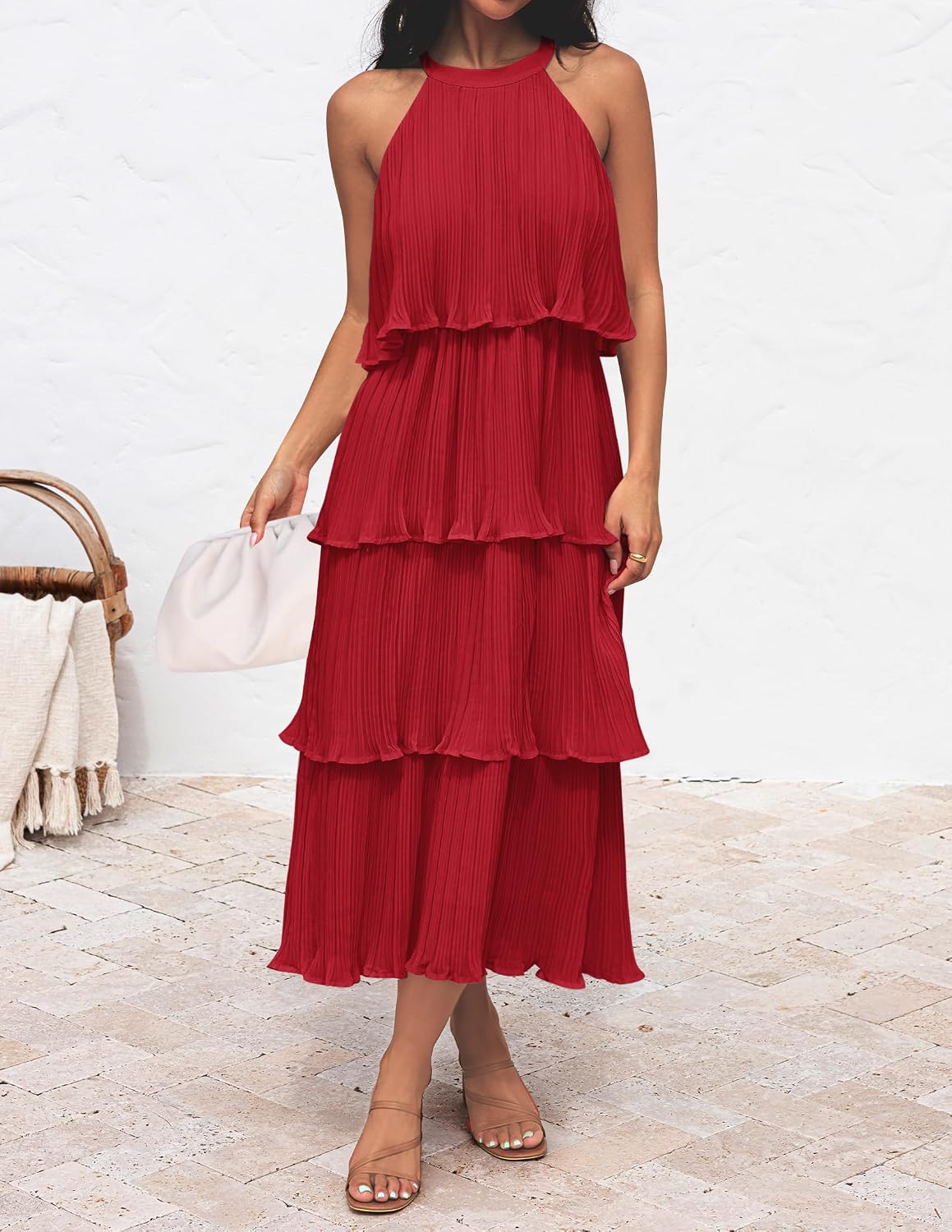 ZESICA Womens Summer Halter Ruffle Wedding Guest Midi Dresses