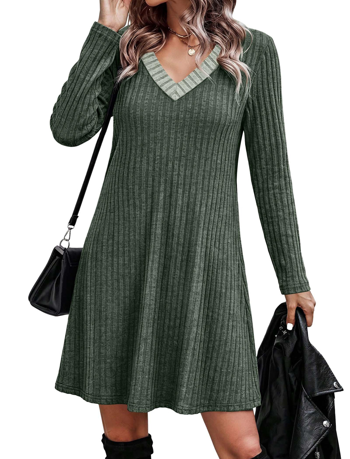 OFEEFAN Fall Dresses for Women Color Block V Neck Long Sleeve Sweater Dress