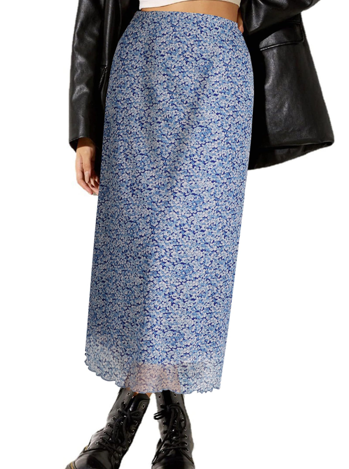 Avanova Women Mesh Floral Boho Midi Skirt High Waist Long Skirt