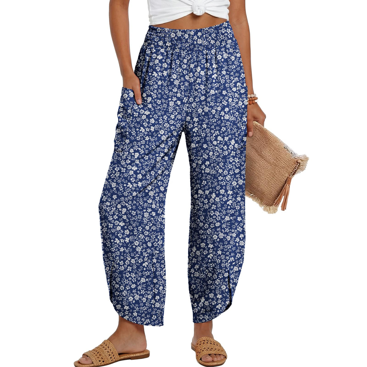 Lepunuo Womens Wide Leg Pants Palazzo High Waisted Smocked Trousers Summer Beach Casual Travel Pants 2026 with Pockets