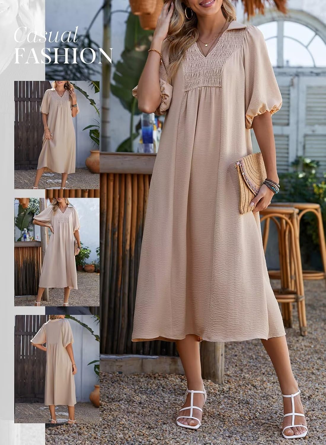 Dokotoo Summer Dresses for Women 2026 Casual Dresses V Neck Puff Sleeve Empire Waist A-Line Maxi Dress