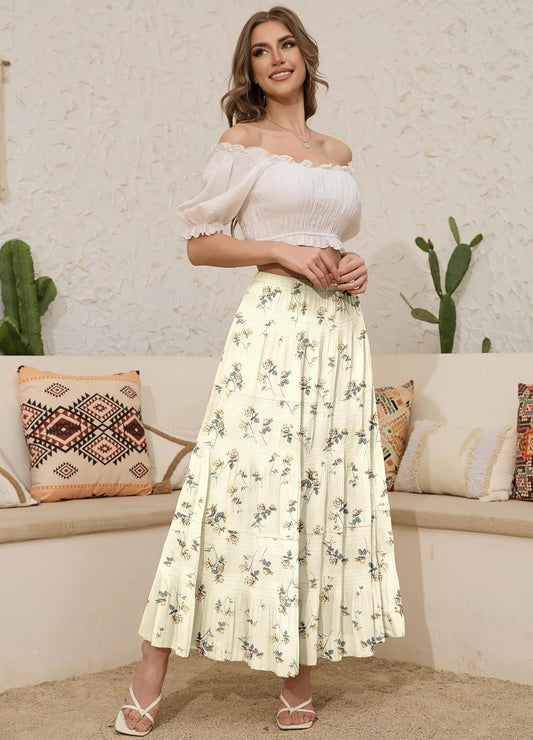 Women's Chiffon White Flowy Maxi Skirts Boho Summer Elastic Waisted Pleated A Line Long Skirt for Women 2026