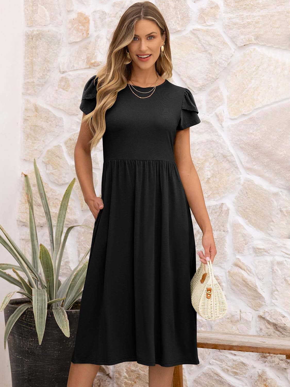 ANRABESS Women's Summer Petal Short Sleeve Midi Dress with Pockets
