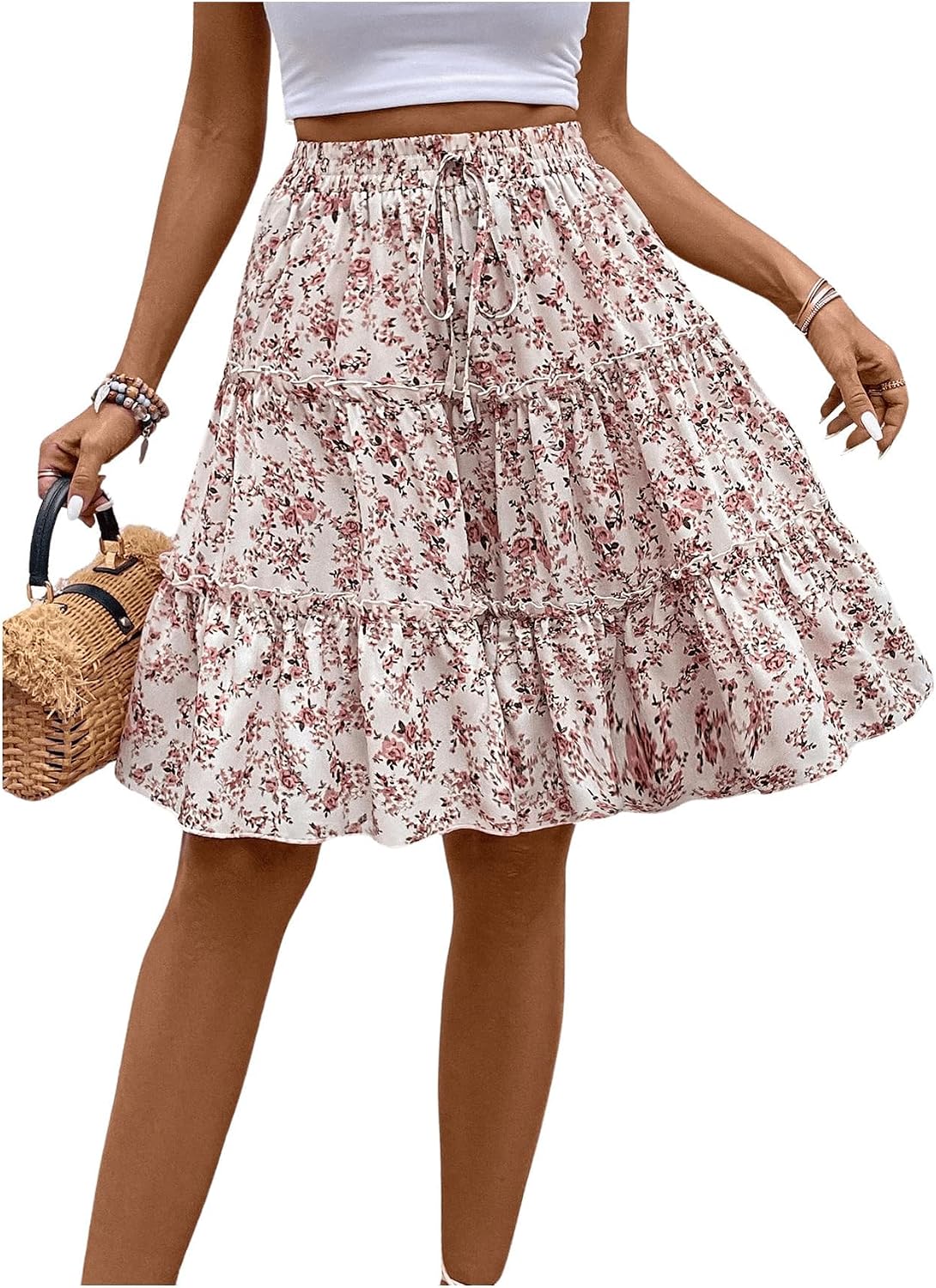 WDIRARA Women's Floral Boho Ruffle Knee Length Summer Skirt