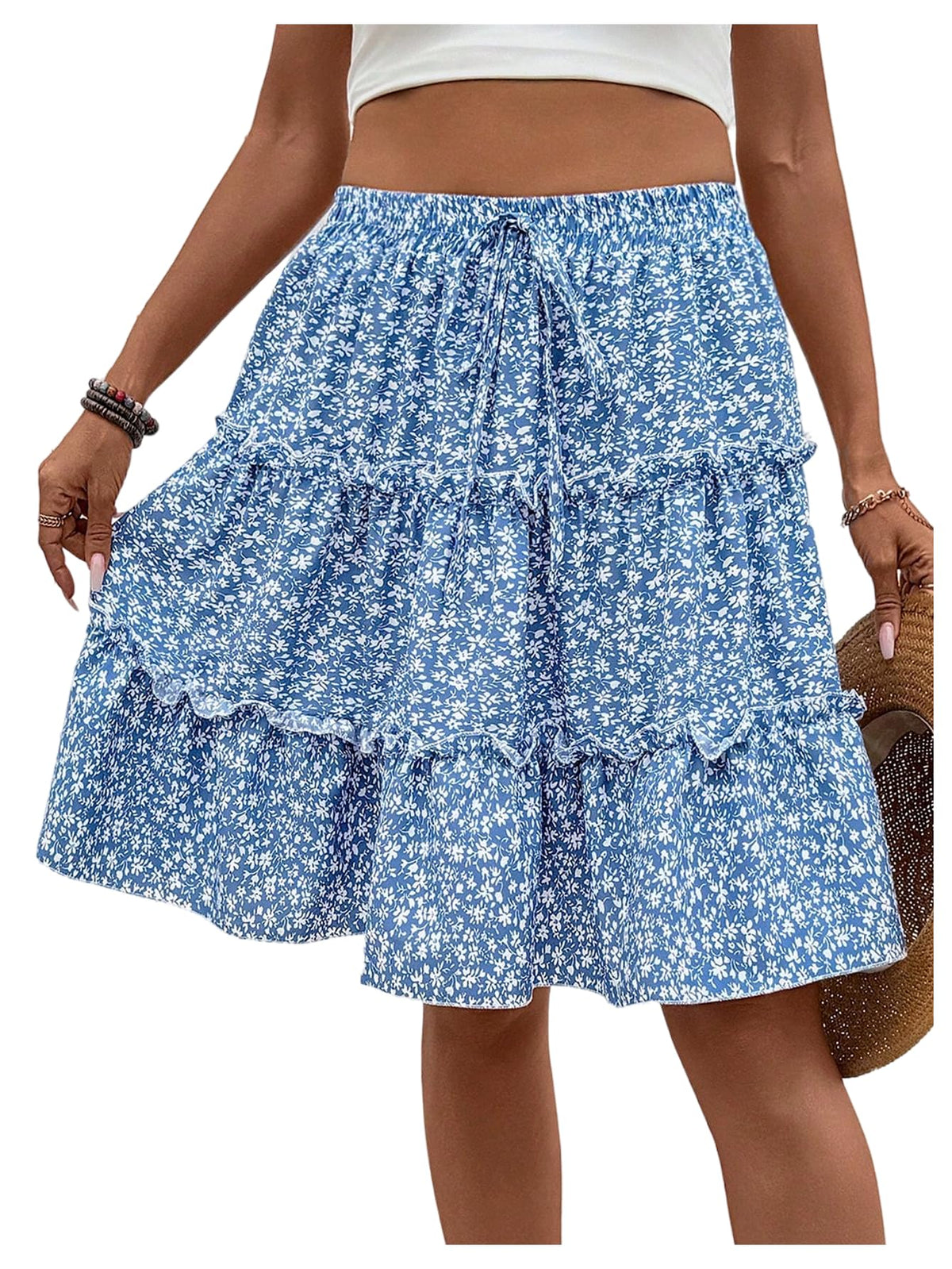 WDIRARA Women's Floral Boho Ruffle Knee Length Summer Skirt