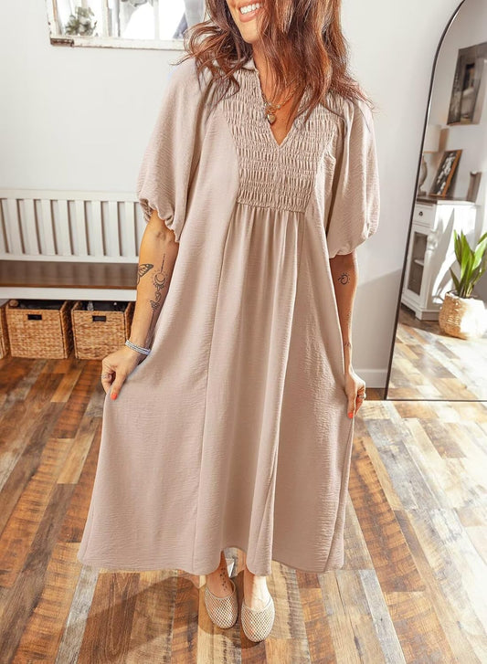 Dokotoo Summer Dresses for Women 2026 Casual Dresses V Neck Puff Sleeve Empire Waist A-Line Maxi Dress