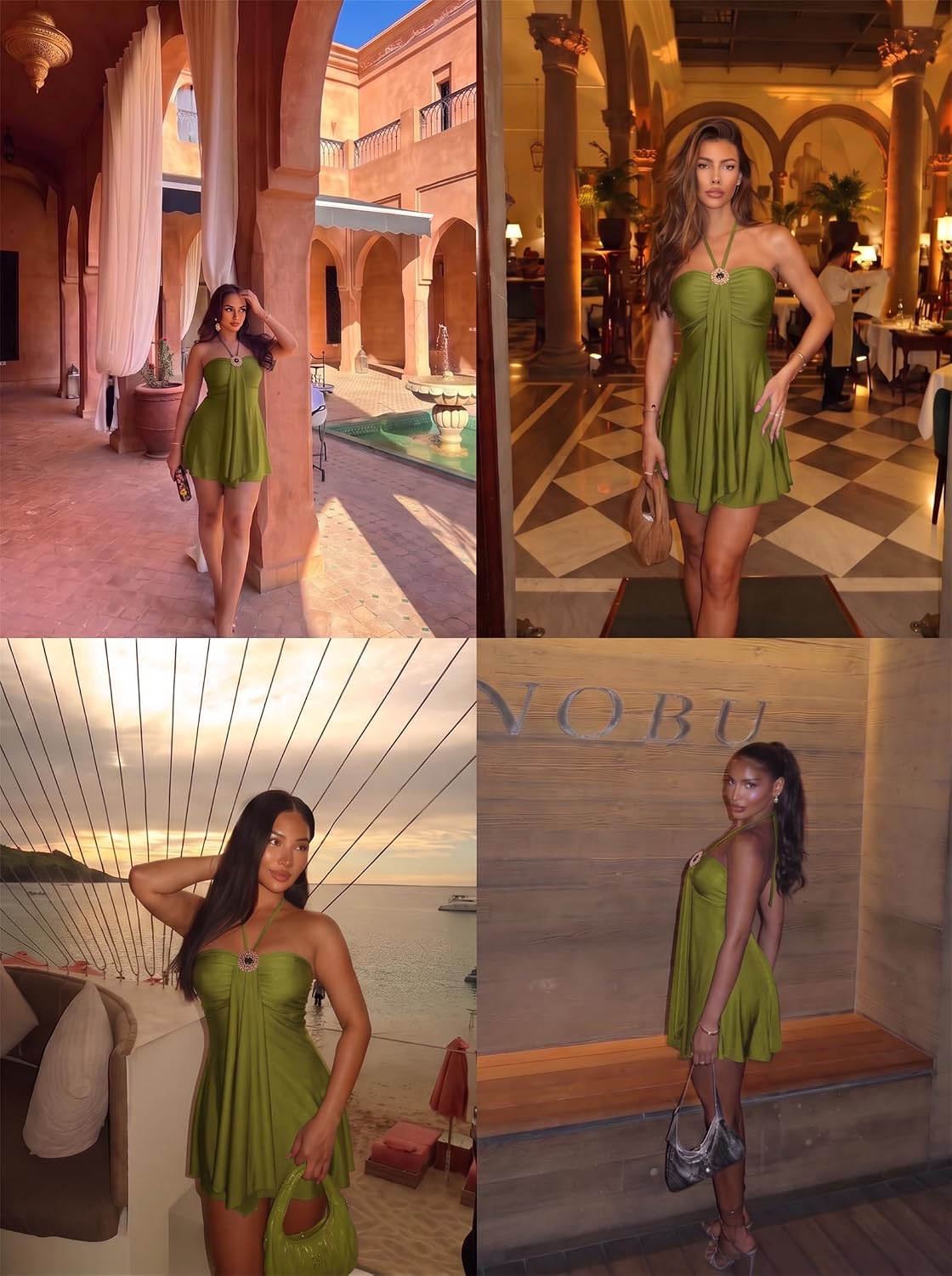 Women's Satin Halter Mini Dress Backless Flowy Vacation Going Out Dress