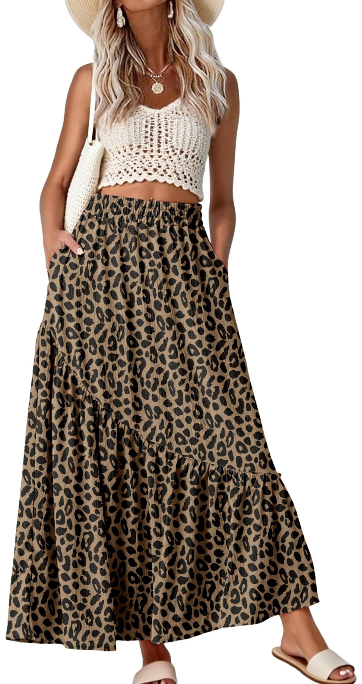 GRECERELLE Women's Maxi Skirt High Waist Tiered A-Line with Pockets