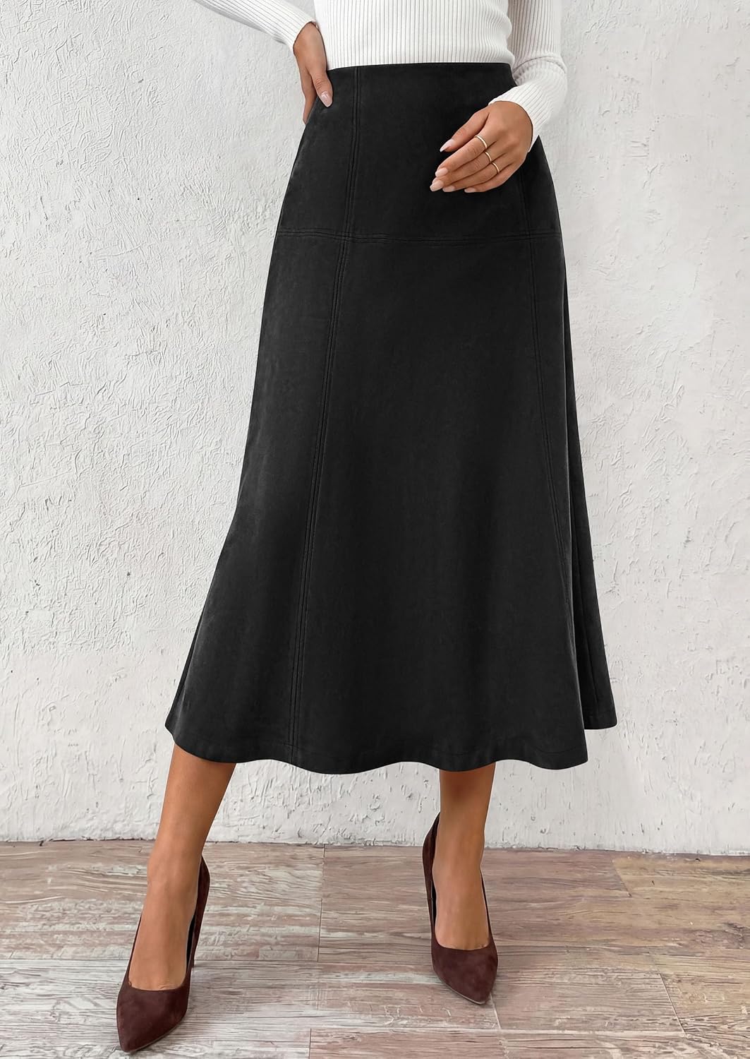 PRETTYGARDEN Womens High Waist Faux Suede A Line Midi Skirt