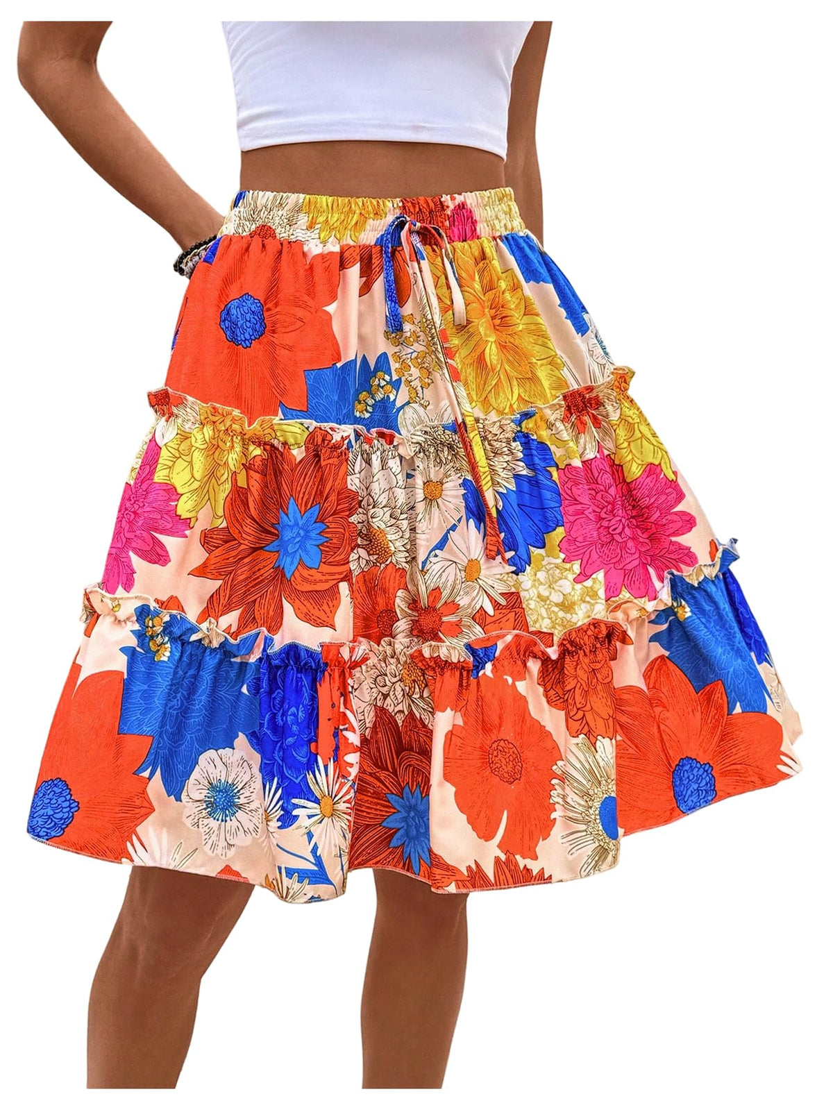 WDIRARA Women's Floral Boho Ruffle Knee Length Summer Skirt