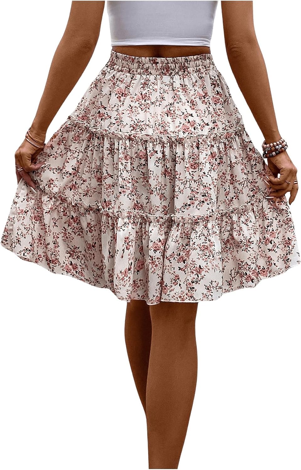 WDIRARA Women's Floral Boho Ruffle Knee Length Summer Skirt